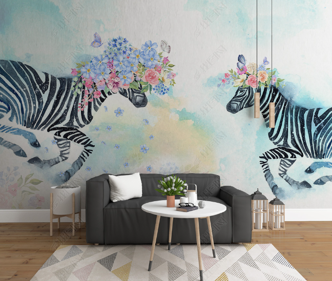 3D Watercolor Animal Zebra Floral Wall Mural Wallpaper Lqh 139