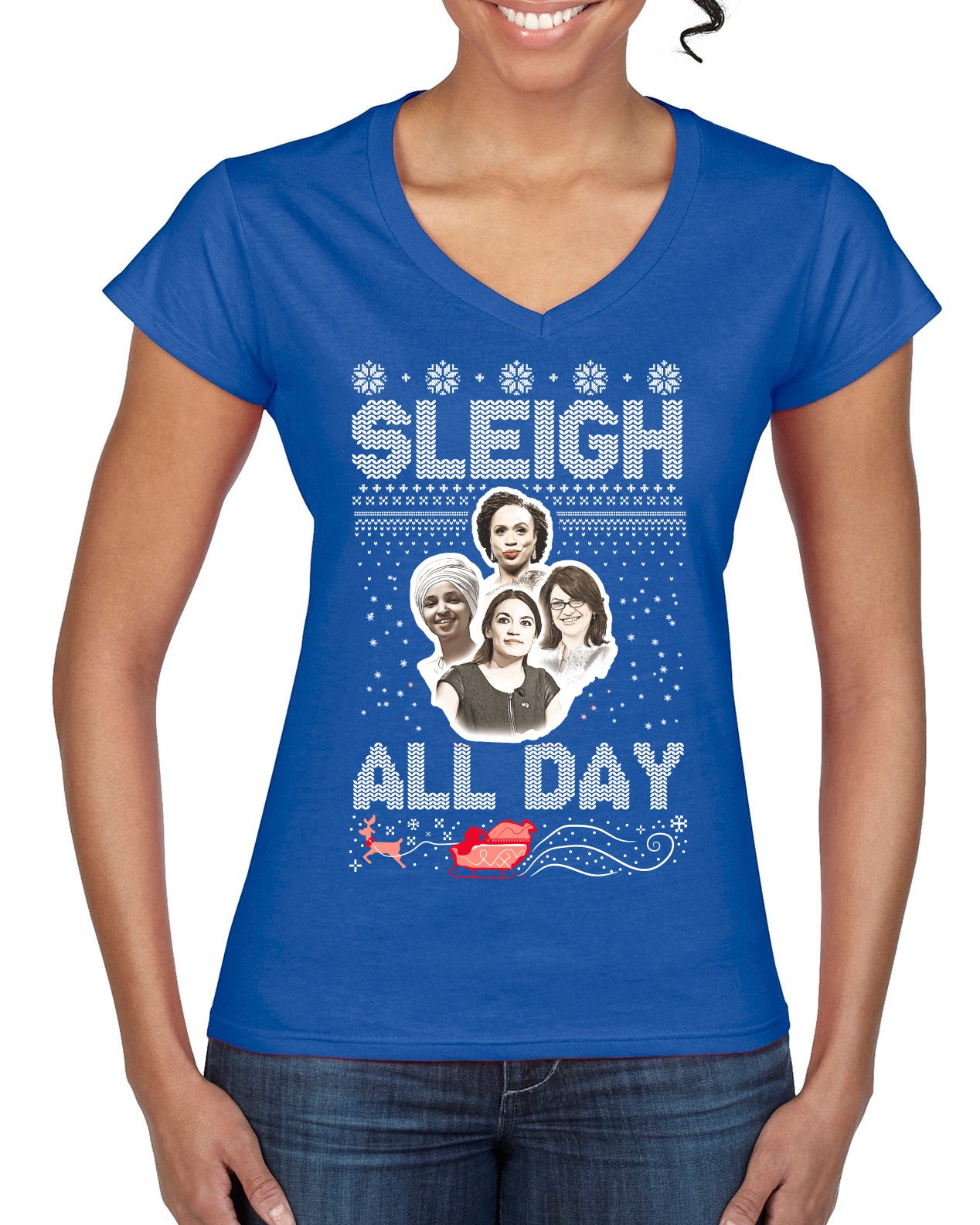 Aoc The Squad Congresswomen Sleigh All Day Xmas Ugly Christmas Sweater Women’S Standard V-Neck Tee