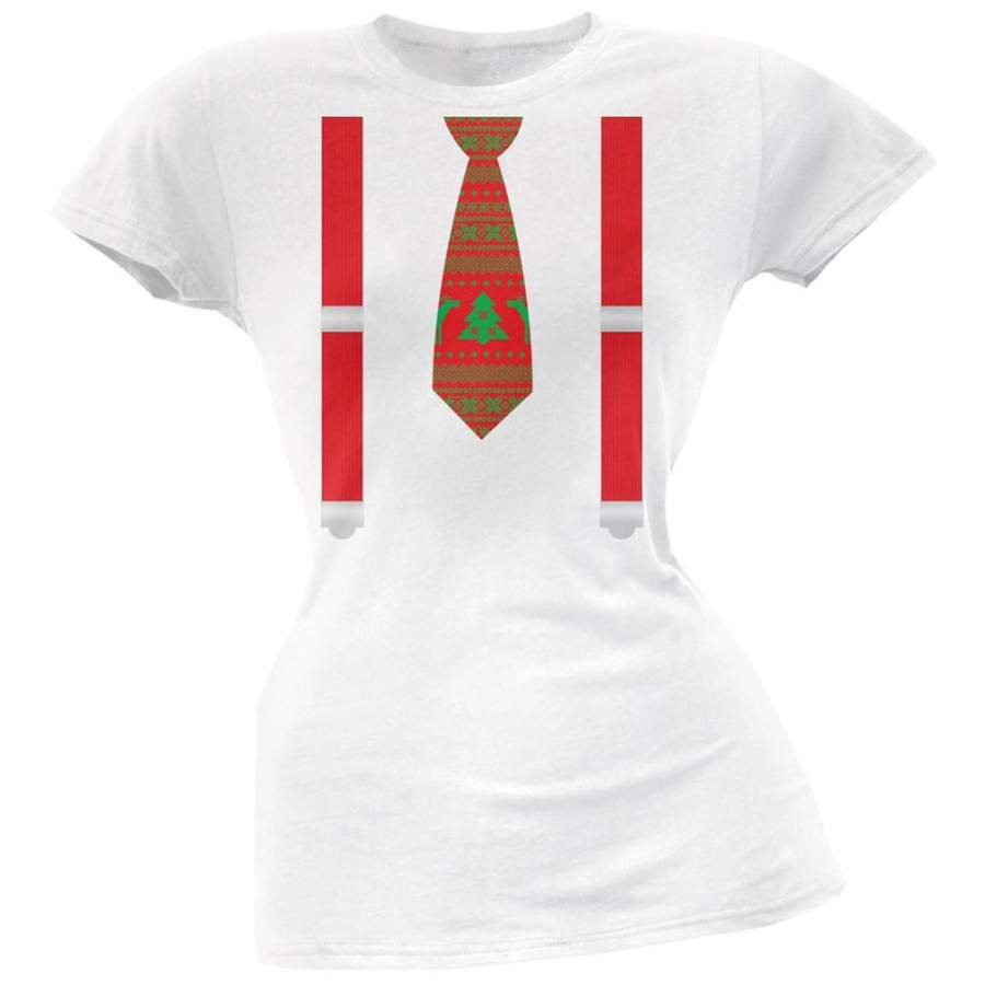 Ugly Christmas Sweater Tie With Suspenders White Soft Juniors T-Shirt