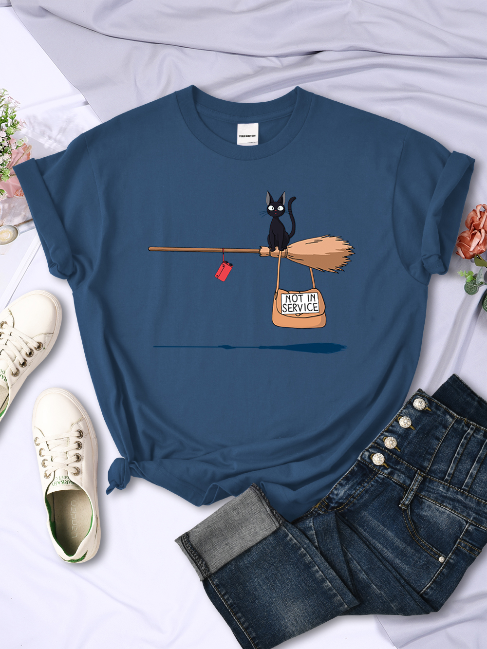 Cute Cat Not In Service Comics Printing Women Soft Cartoons Soft Tshirt Fashion Crewneck Tshirts Vintage Loose T Shirts Couple alx