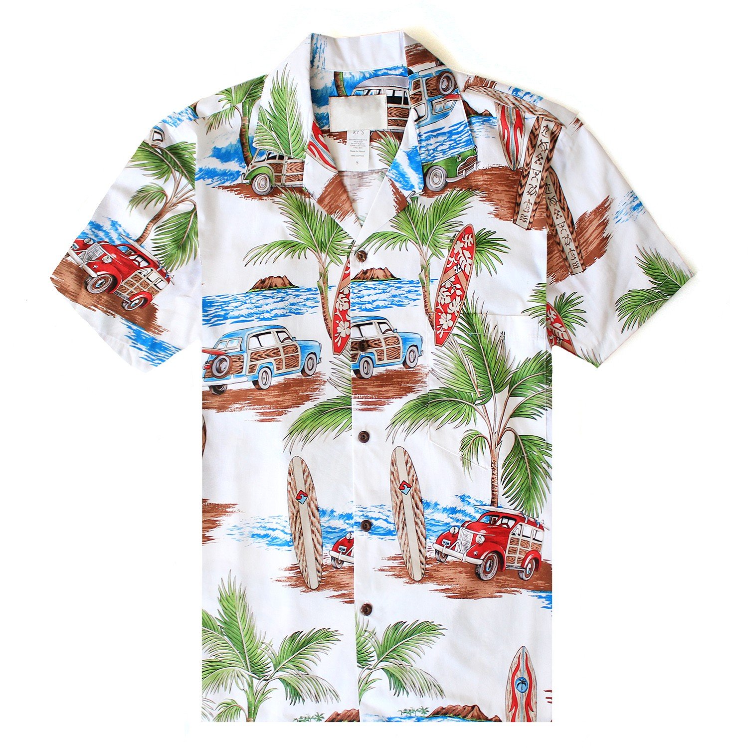 Men's Aloha Shirt Plam Surfboard Cars in White - Pinotee Store