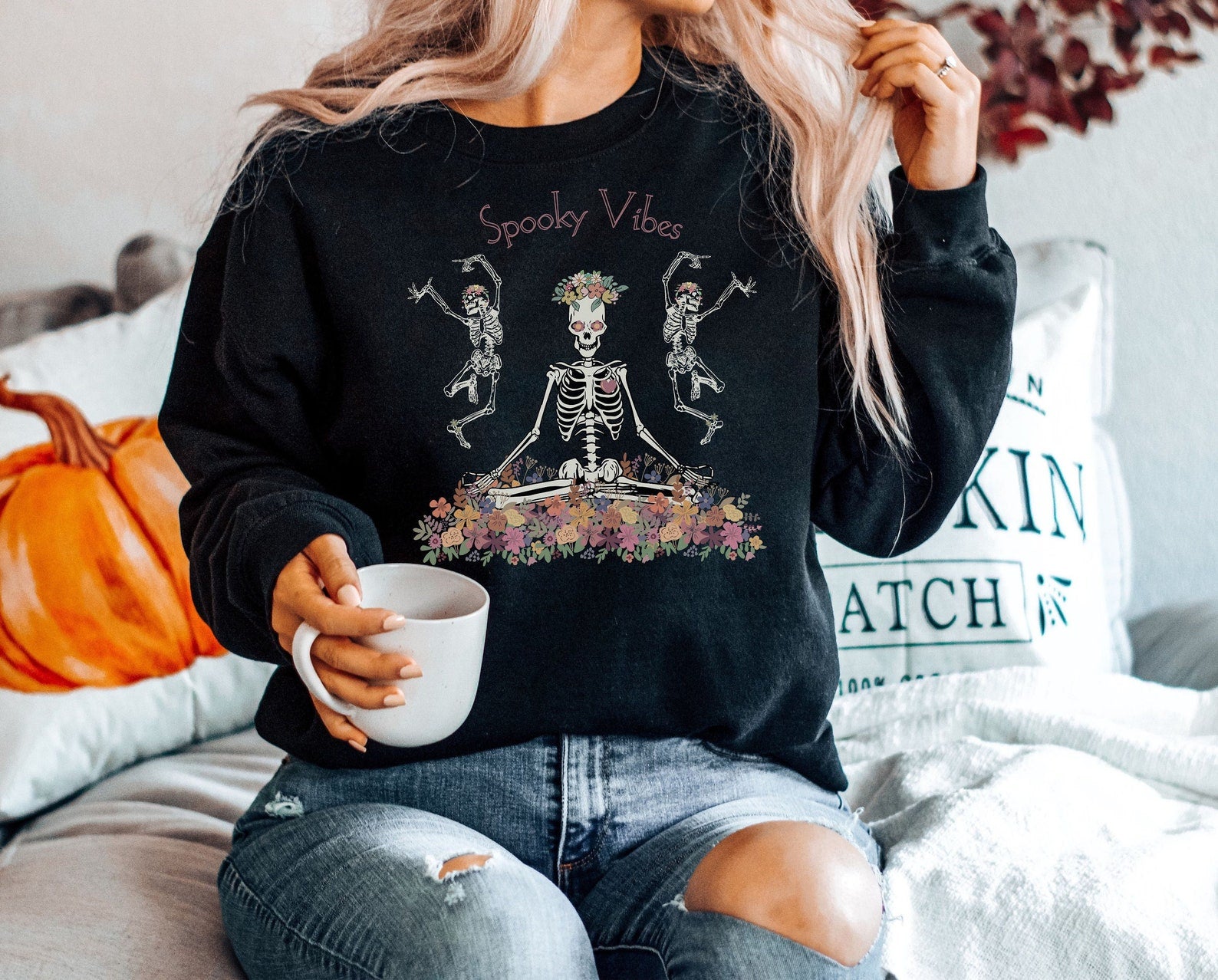 Halloween Skeleton Sweatshirt For Women 2D Crewneck Sweatshirt All Over Print Sweatshirt For Women Sweatshirt For Men