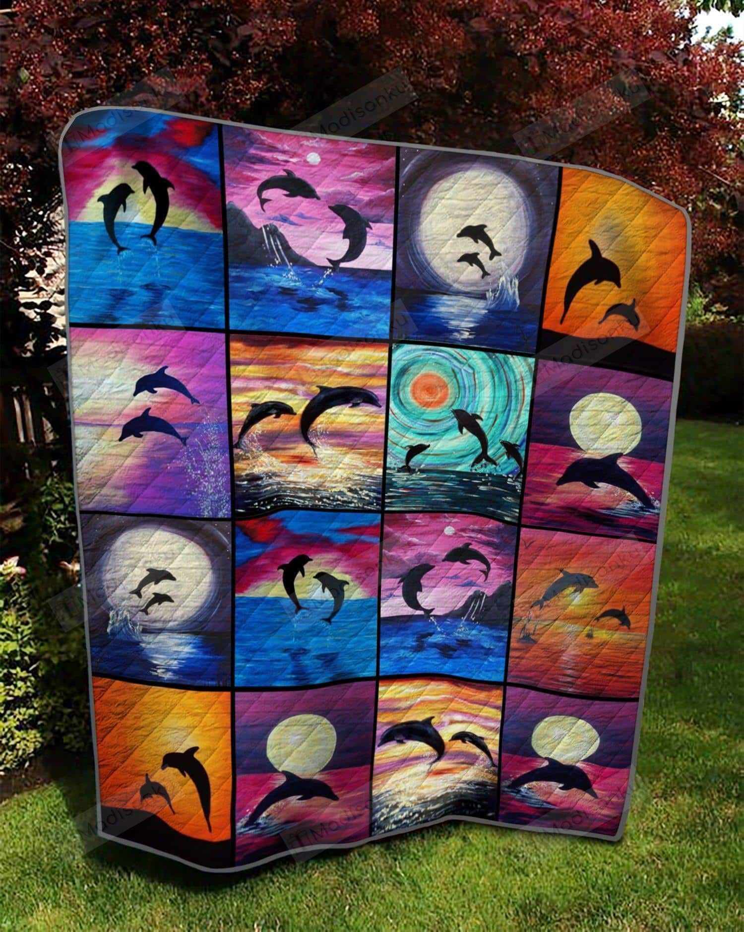 Dolphin Drawing Colorful Night Moon Quilt Blanket Great Customized Blanket For Birthday Christmas Thanksgiving Anniversary