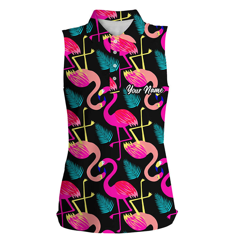 Women Sleeveless Polo Shirt Neon Flamingos Tropical Pattern Custom Team Flamingo Golf Shirts