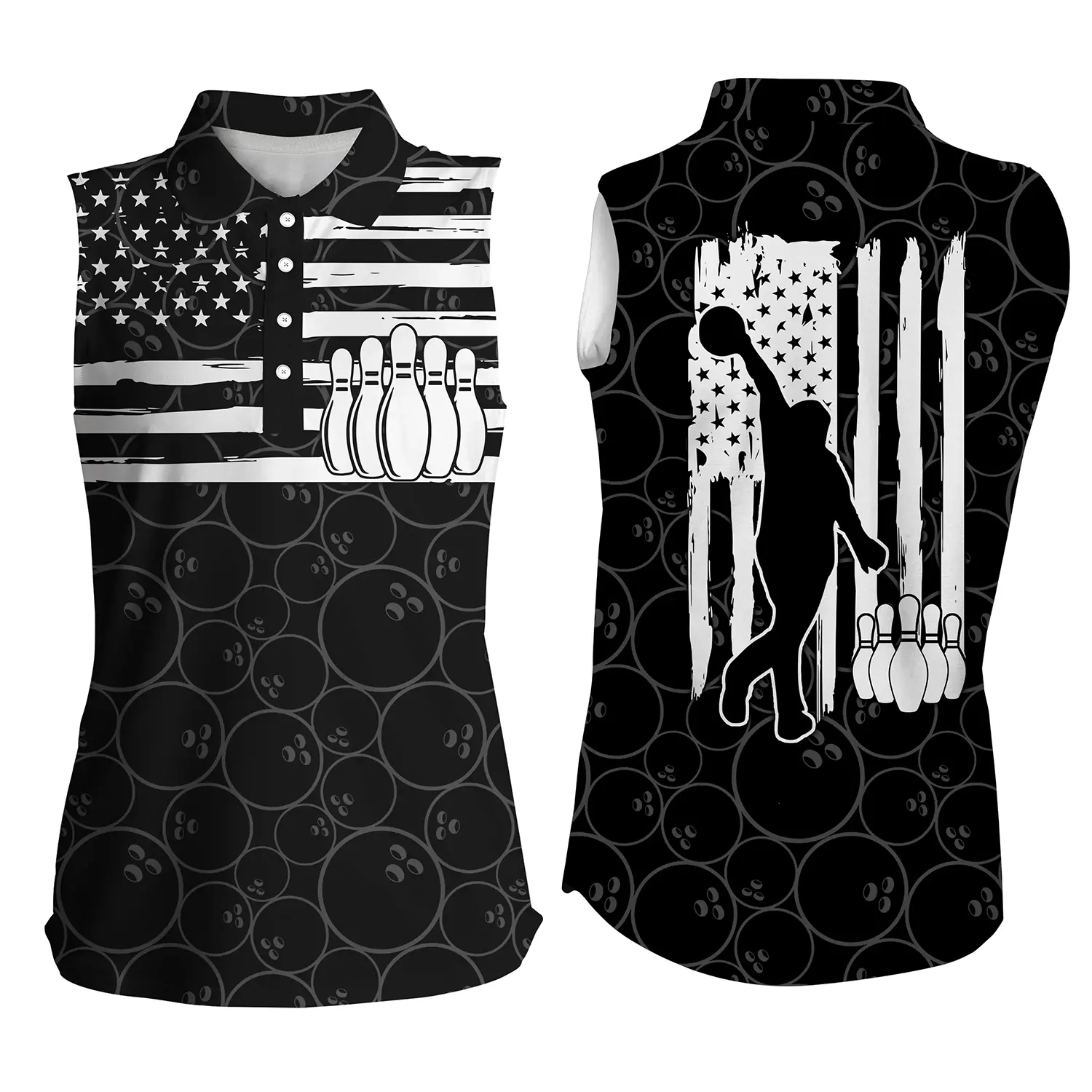 American Flag Patriotic Black Bowling Pattern Bowling Sleeveless Polo Shirts For Women