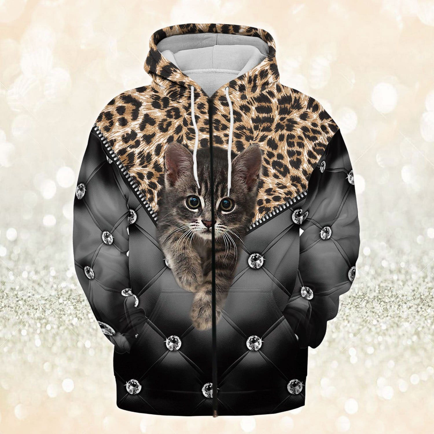 Cute Kitten Diamond Leopard Leather Pattern Cat Hoodie 3D #260721H