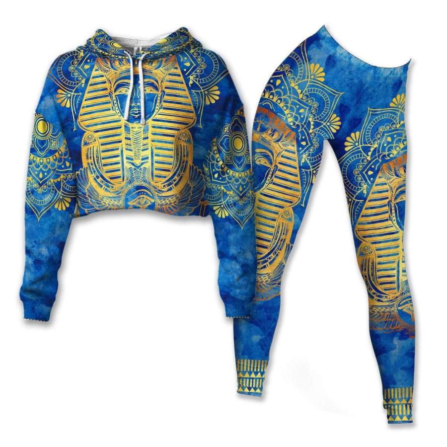 Egyptian Pharaoh Pattern In Blue Cropped Hoodie & Leggings Set