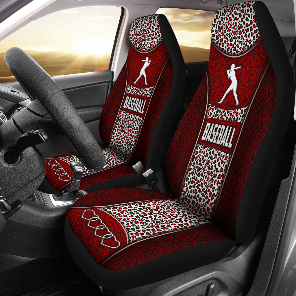 Baseball Vintage Classic Pattern Leopard Leather Texture Car Seat Covers, Seat Covers Set Of Two, Automotive Seat Covers Set