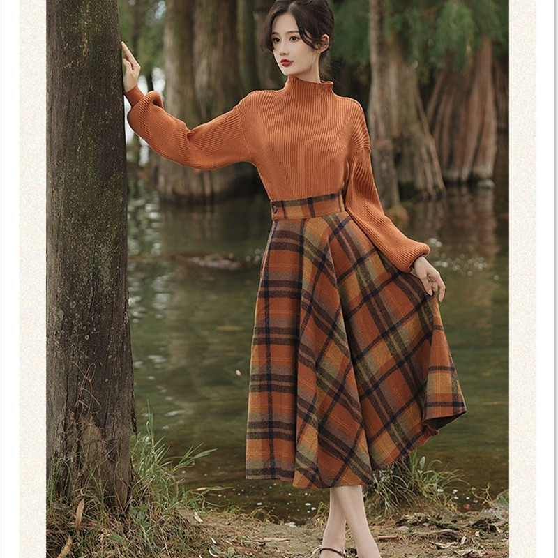 Women’s Spring Autumn Vintage Plaid Long Skirts Sweater Two-Piece Set French Lady Graceful Knit Pullover High Waist Skirt Outfit alx