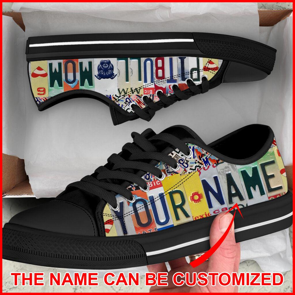 Pitbull Mom License Plate Low Top Dog Mom Custom Name Fashion Sneaker For Men And Women Comfortable Walking Running Lightweight Casual Shoes
