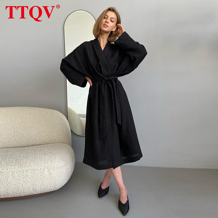 TTQV Casual Loose Black Cotton Dress Woman Robes Autumn Lace-Up Long Sleeve Midi Dress Elegant Slit Sleep Dresses For Women alx