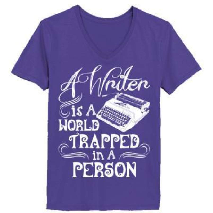 AGR A Writer Is A World Trapped In A Person – Ladies’ V-Neck T-Shirt