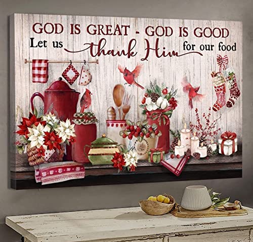 God Is Great God Is Good Canvas – Red Cardinal Bird Art Picture Home Decor Wall Gifts For Christians, Jesus Lovers On Christmas Winter
