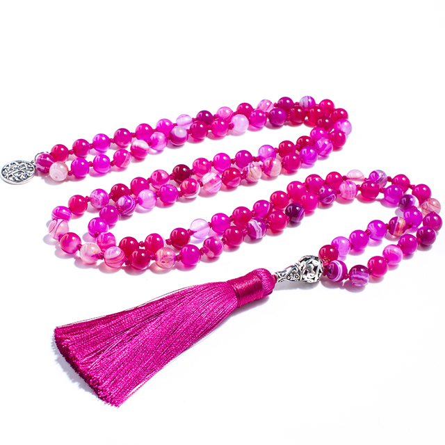 8mm Rose Red Striped Agate Mala Necklace 108 Japamala Beaded Knotted Meditation Yoga Spiritual Life Tree Woman Jewelry Sets alx