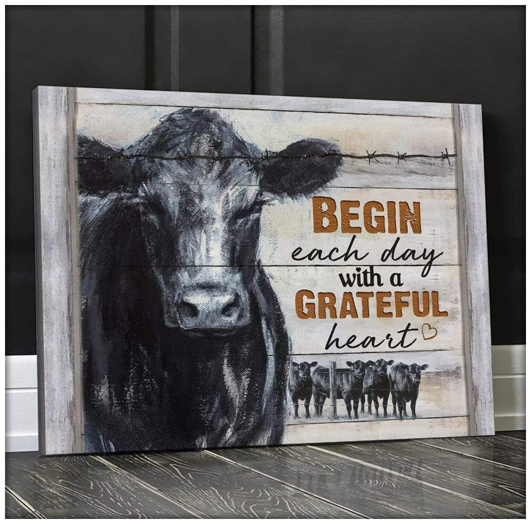 Canvas – Angus Cow – Begin Each Day Gift For Family, Wall Art Decor, Canvas Print, Home Decor