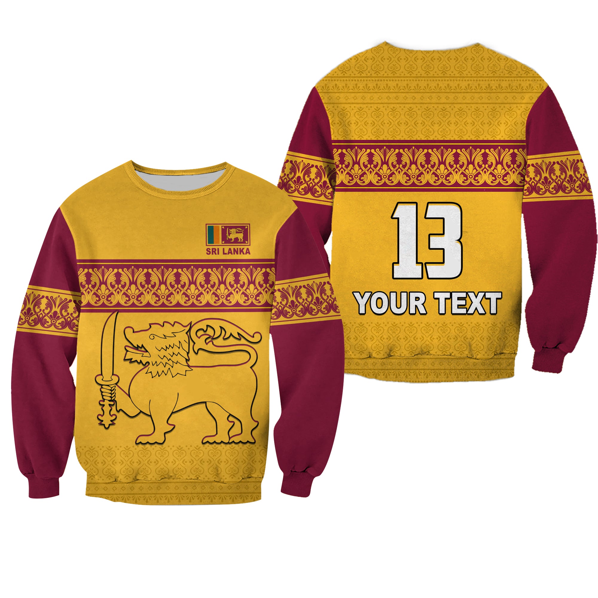 (Custom Text And Number) Sri Lanka Sweatshirt Traditional Pattern And Lion Flag Lt13