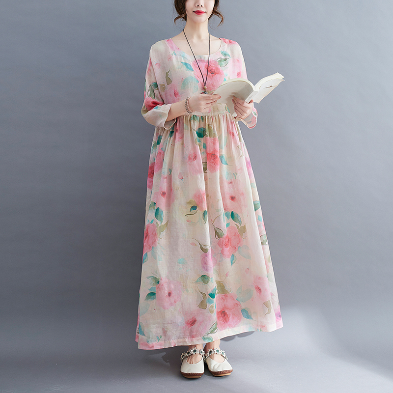 2022 New Arrival Ramie Linen Loose Summer Dress Print Floral Holiday Travel Casual Women Dress Office Lady OL Work Long Dress alx