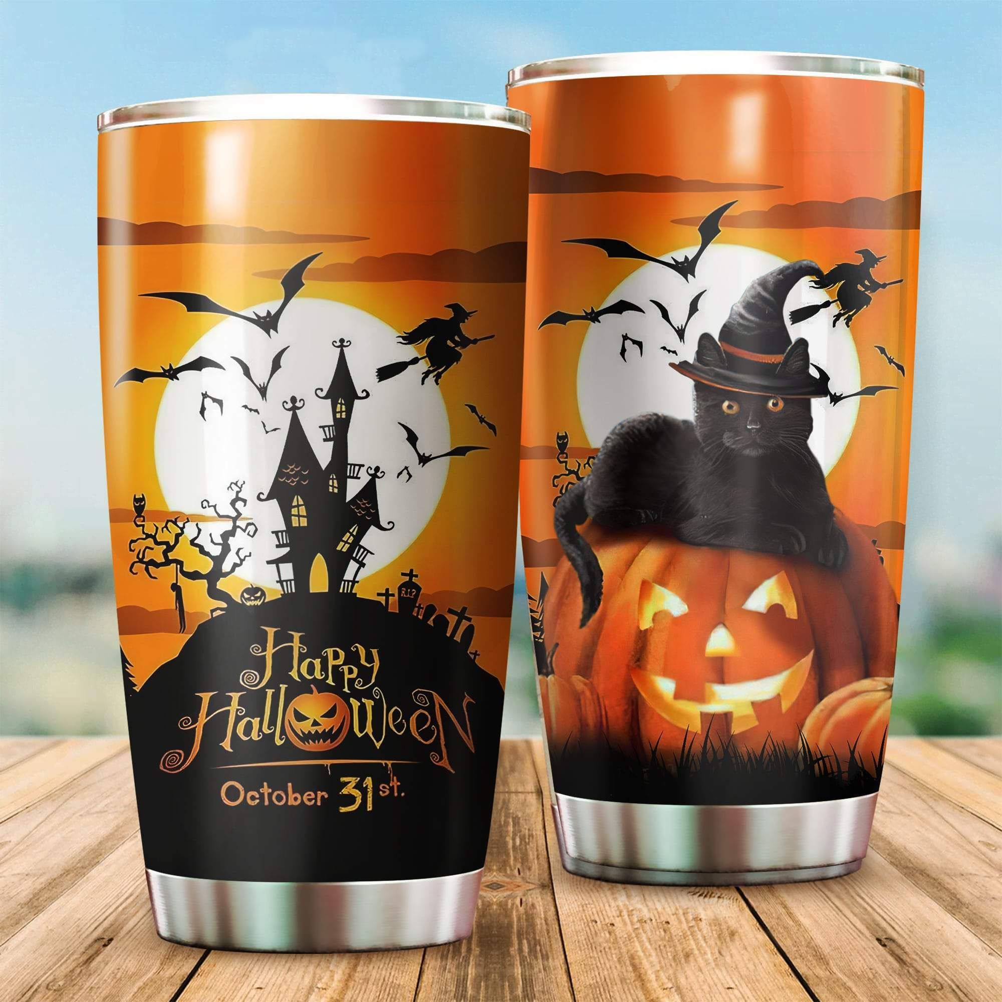 Halloween Black Cat On The Pumpkin Stainless Steel Personalized Stainless Steel Tumbler Customize Name, Text, Number
