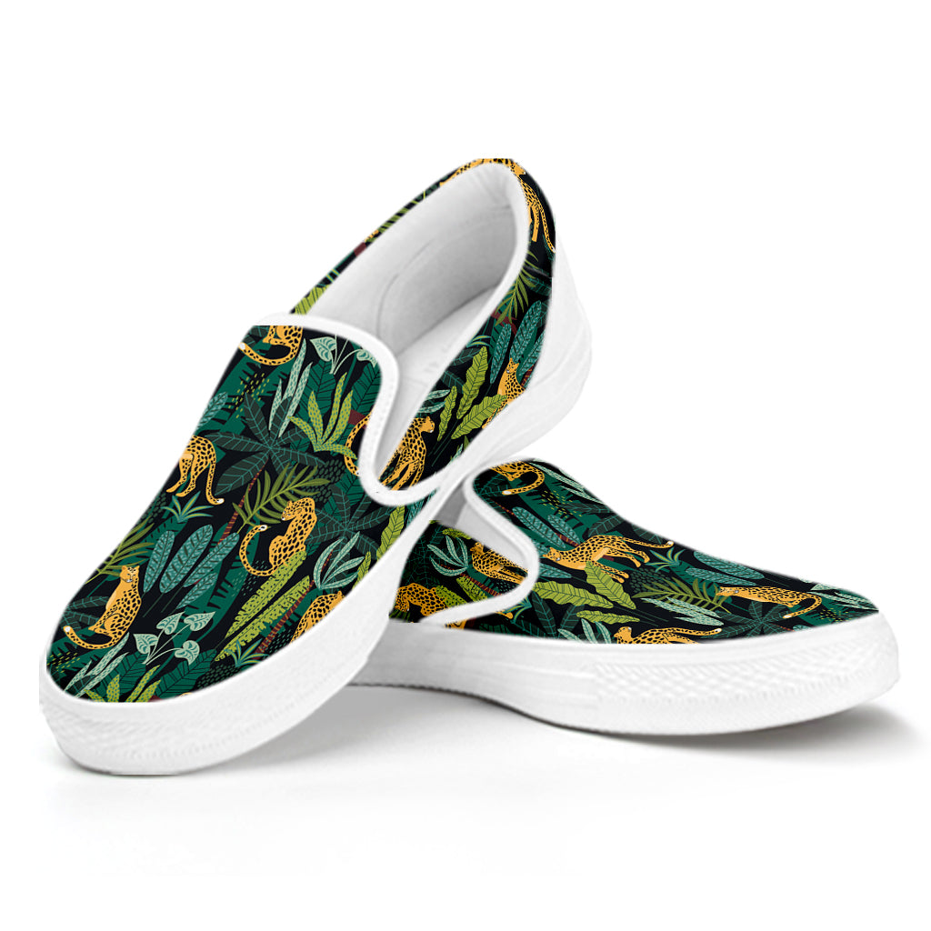 Tropical Jaguar Pattern Print White Slip On Shoes