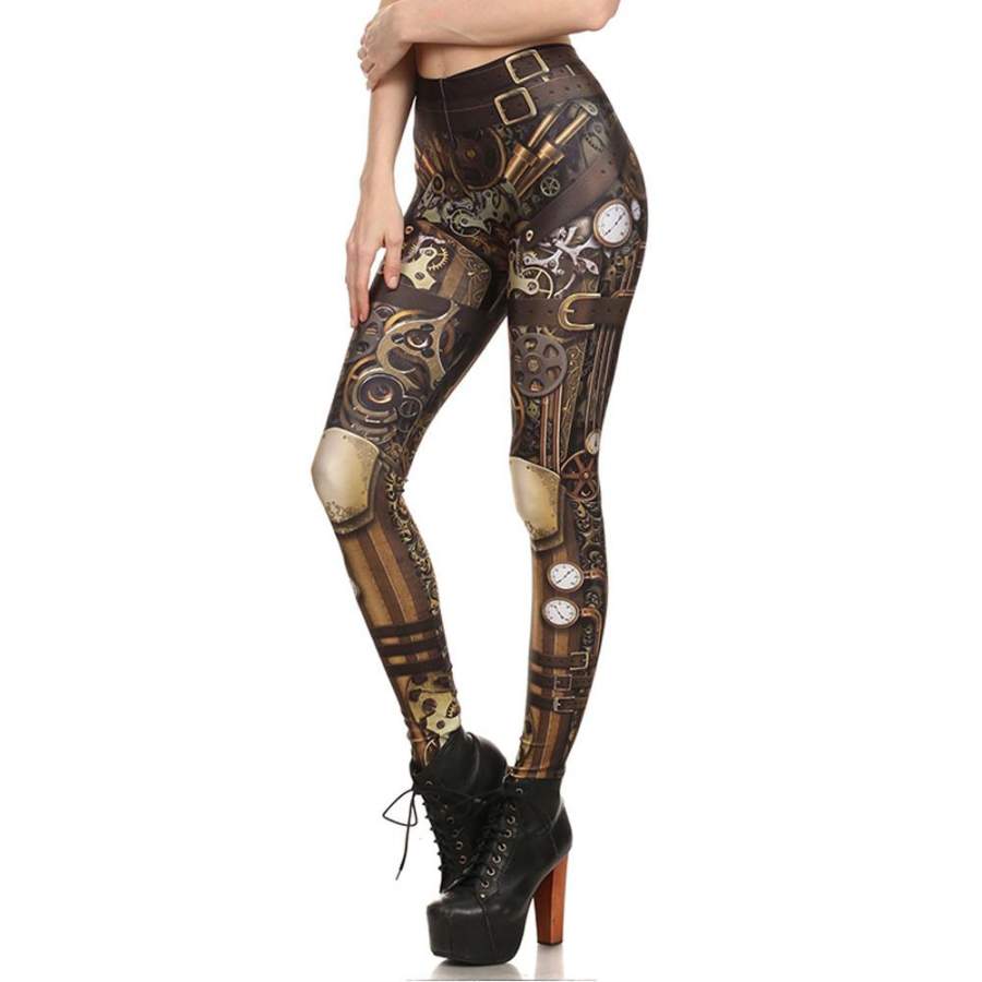 Vintage Clock Hero Armor Women’s Brown Slim High Waisted Elastic Printed Fitness Workout Leggings