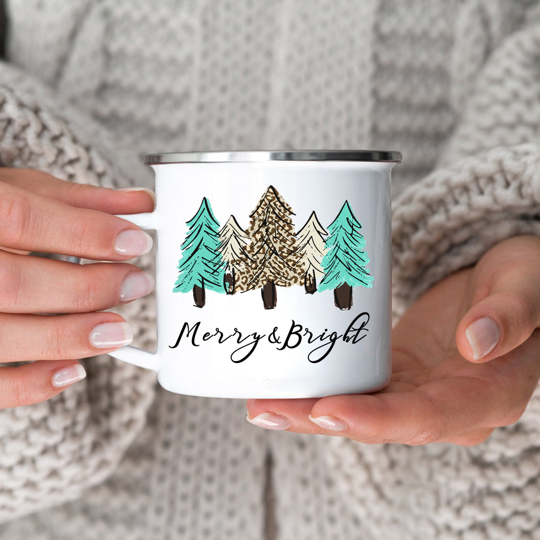 Christmas Tree Campfire Mug, Merry And Bright Campfire Mug, Leopard Xmas Mugs, Christmas Eve Mugs