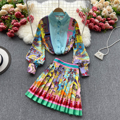 Women Fashion Luxury Print Shirt Top + Pleated Mini Skirt New 2021 Spring Autumn Vintage Long Sleeve Buttons Party 2 Piece Sets alx