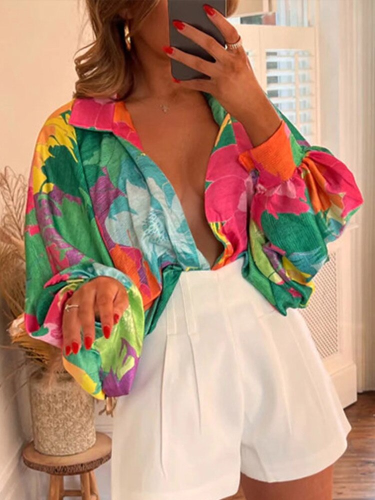 Women New Printed Lantern Long Sleeve Blouse 2022 Summer Fashion Casual Lapel Top Shirt Female Breathable Chiffon Cardigan alx