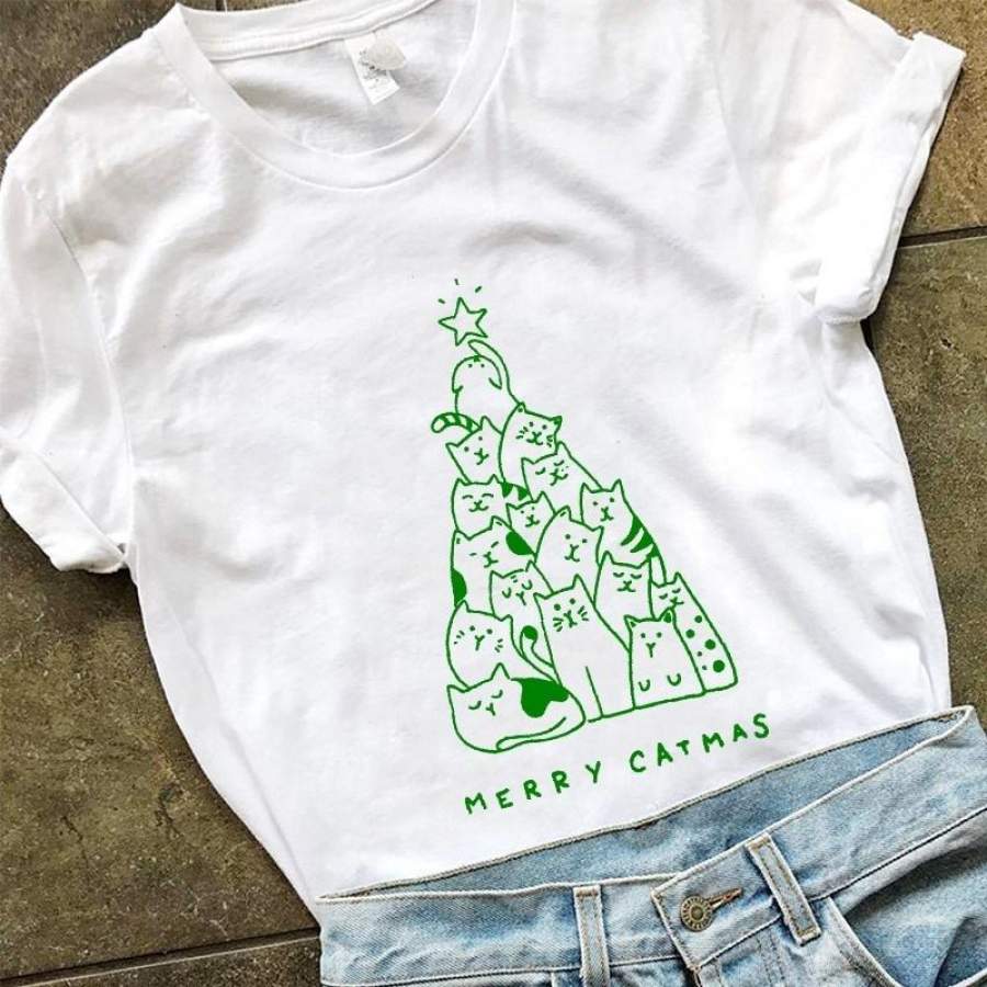 Merry Catmas Funny Print Christmas Tree Women Tshirt Graphic Tees Women Christmas Shirts Cartoon Cats Aesthetic T Shirt Tops