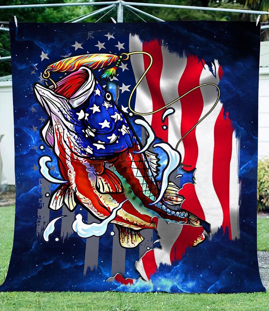 Largemouth Bass Fishing American Flag Galaxy Background Soft Throw  Cozy Gift Fleece Blanket, Sherpa Blanket, Custom Blankets, Picnic Blanket, 3d Print Blanket, Blanket Sofa Bed