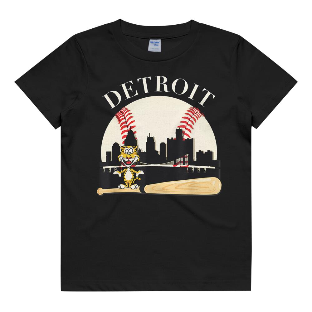 Detroit Baseball Tshirt Tiger Mascot And Skyline Design Kids T Shirt