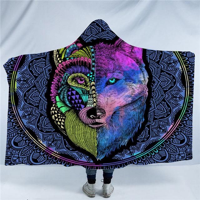 Tribal Animal Dreamcatcher Wolf Hooded Blanket Native American Design