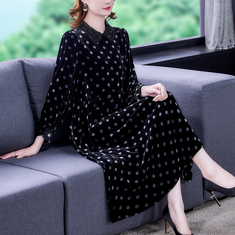 Autumn Winter Black Elegant Gold Velvet Dress Women Korean Vintage Loose Polka Dot Midi Dress 2021 Bodycon Casual Party Vestidos alx