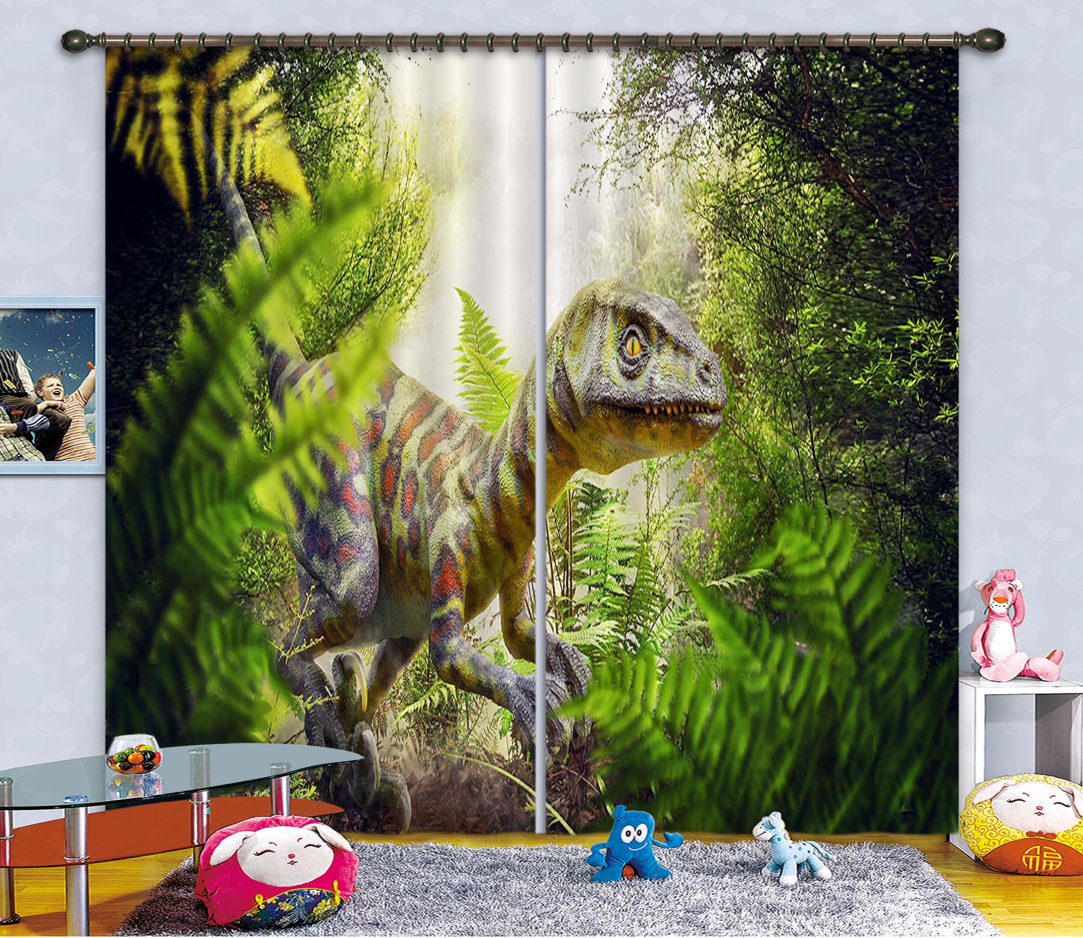 3D Dinosaur With Leaves C008 Blockout Photo Curtain Print Curtains Drapes Fabric Window | 3D Large Photo Curtain, Jess Art Decoration Wallpaper