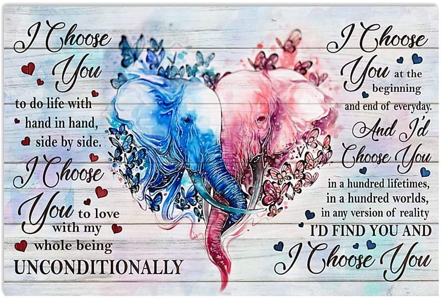 Poster Elephant Couple Butterfly Heart I Choose You To Love With My Whole Being Unconditionally Wall Art Hanging Painting Paper Photography Watercolor Living Bedroom Home Decor No Frame