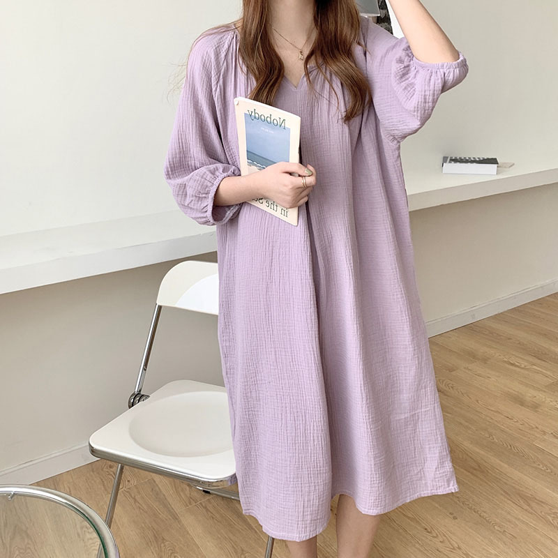 WIKISSPJS 2022 Summer New Lazy Harajuku Style Cotton Loose Medium Sleeve V-neck Home Wear Nighties for Women Pink Nightgown alx