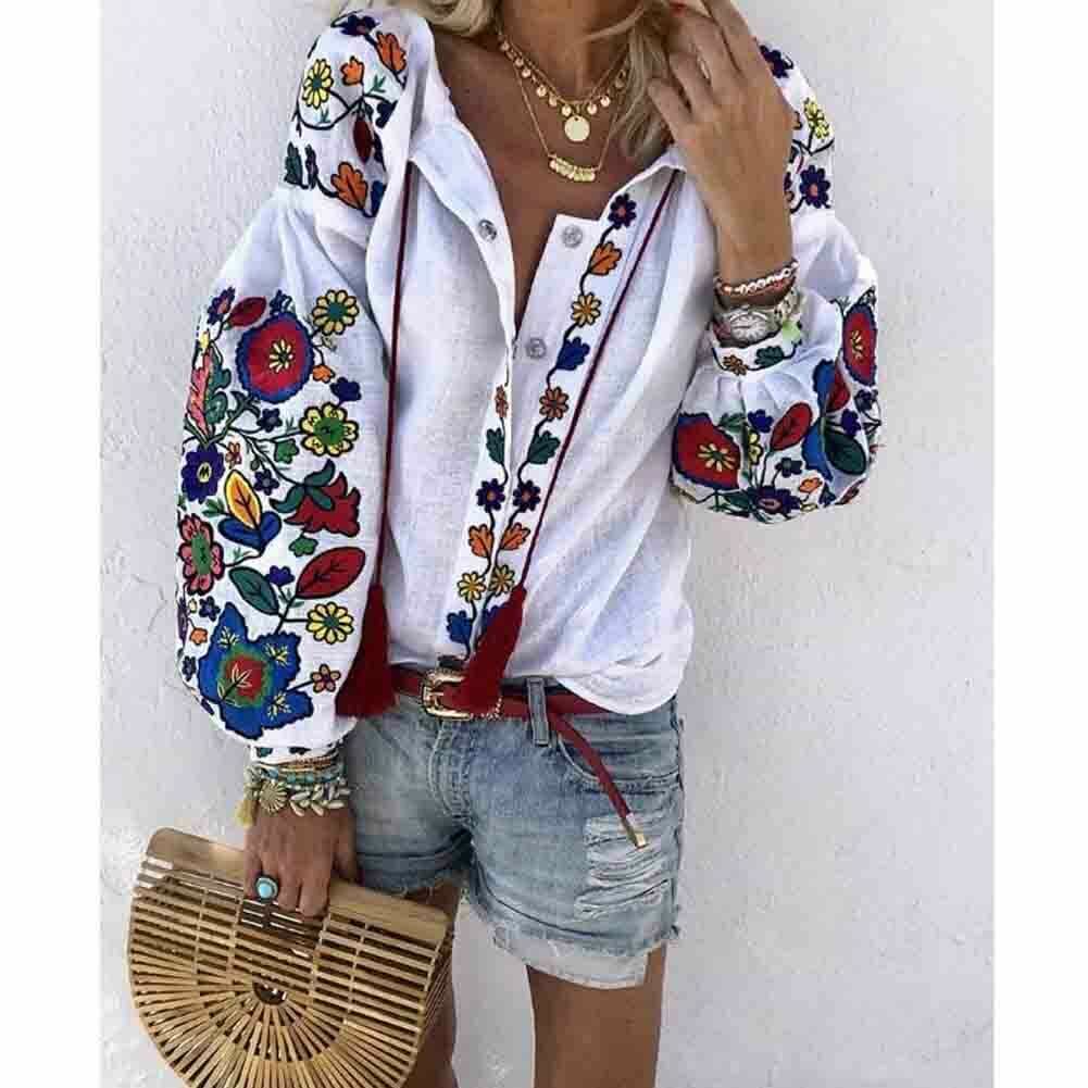Plus Size Womens Floral Print V Neck Long Sleeve Tops Blouse Summer Boho shirt alx