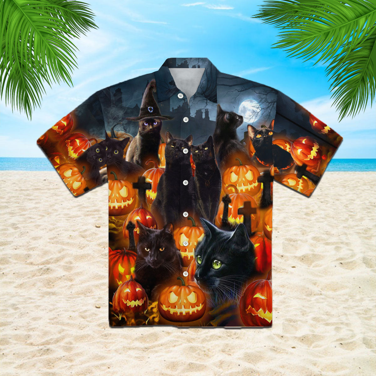 Oragontee Black Cat And Scary Halloween Pumpkin Hawaiian Shirt | For Men & Women | Adult | Wt1521