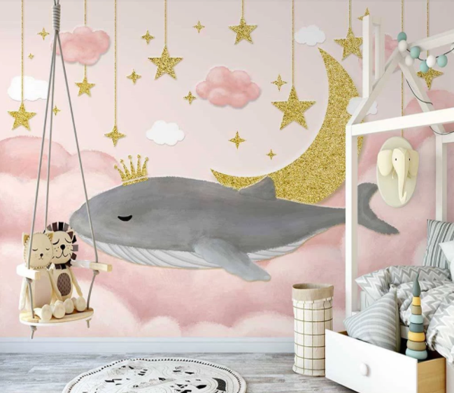 3D Cartoon Pink Cloud Whale Moon Star Wall Mural Wallpaper Lxl