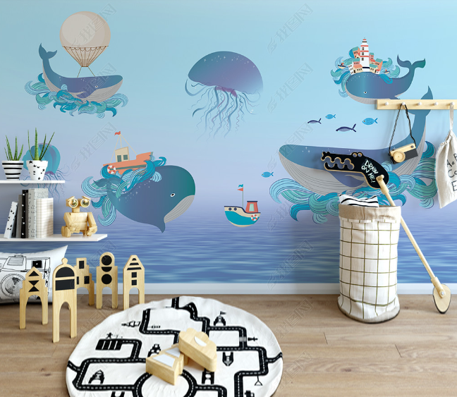 3D Cartoon Sea Animal Octopus Whale Wall Mural Wallpaper Lqh 29