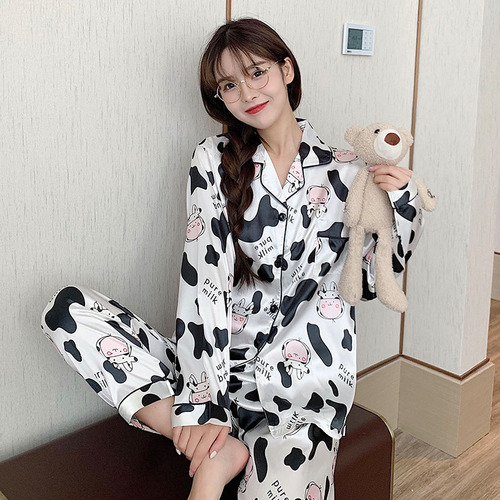 Women Sleepwear spring Pajamas Set for women Fake Silk Print Sweet Pijama Set Girl Nightgown Loose Waist Long Pant Silk Pajamas alx