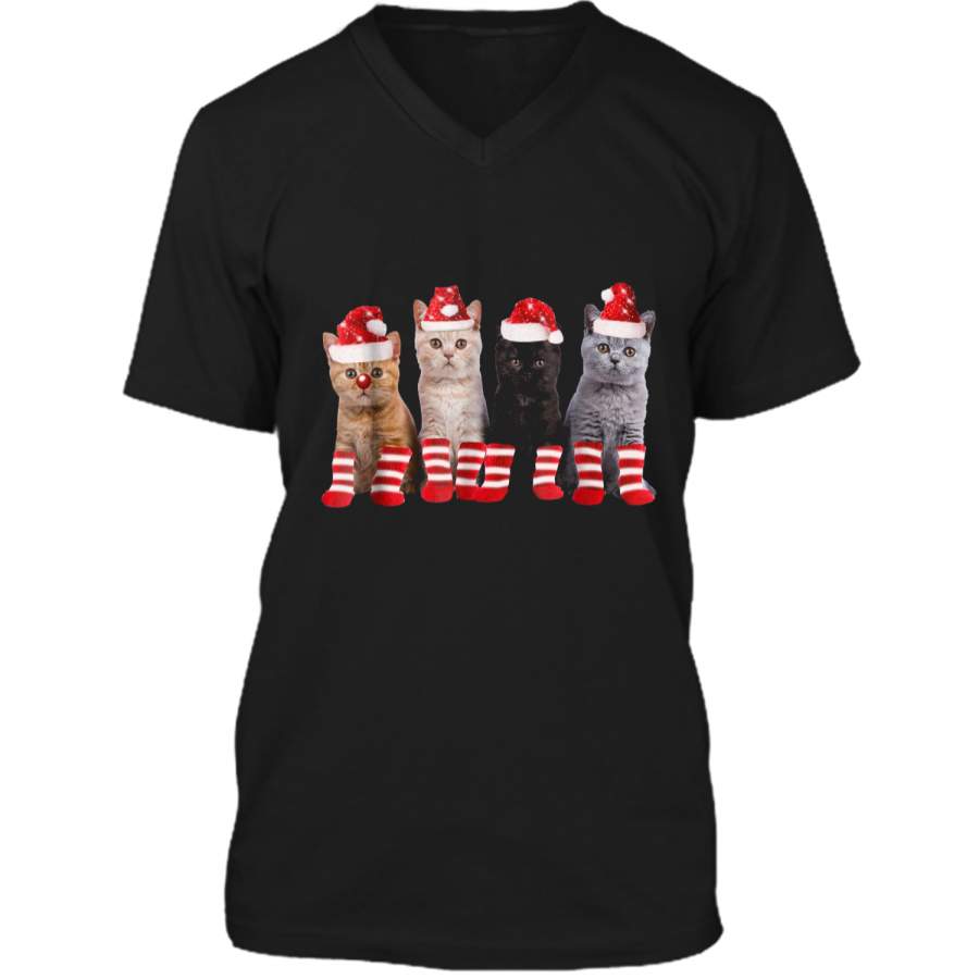 Kittens With Santa Hats  Funny Christmas Cat Meme Tee Mens Printed V-Neck T