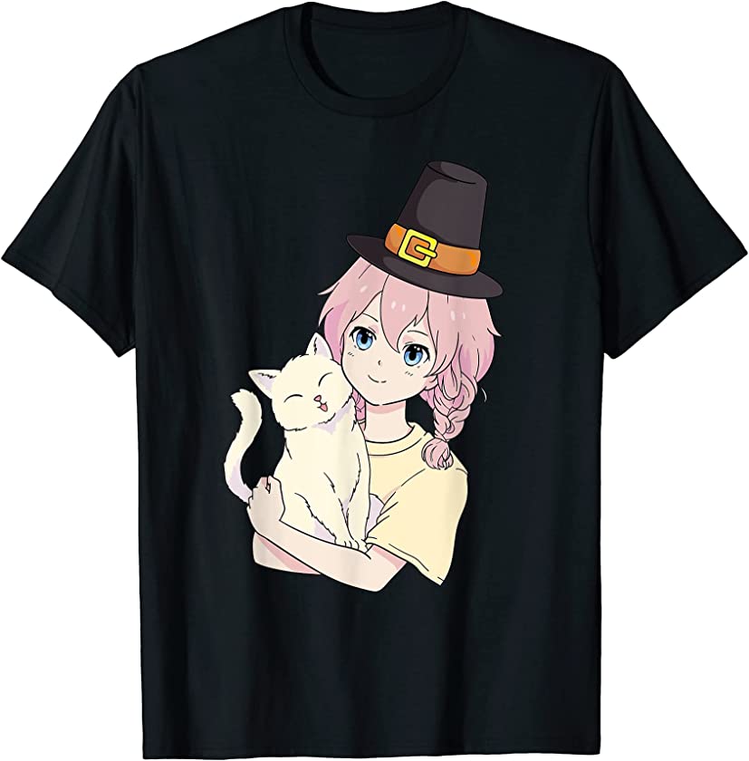 Anime Girl Cat Lover Thanksgiving Day Kawaii Kitten Otaku T-Shirt