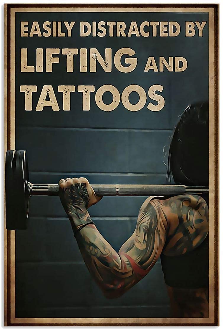 Vintage Girl Fitness Tattoos – Easily Distracted By Lifting And Tattoos Poster Art Print      Home Decor Gift For Men Women Family Friend On Birthday Xmas