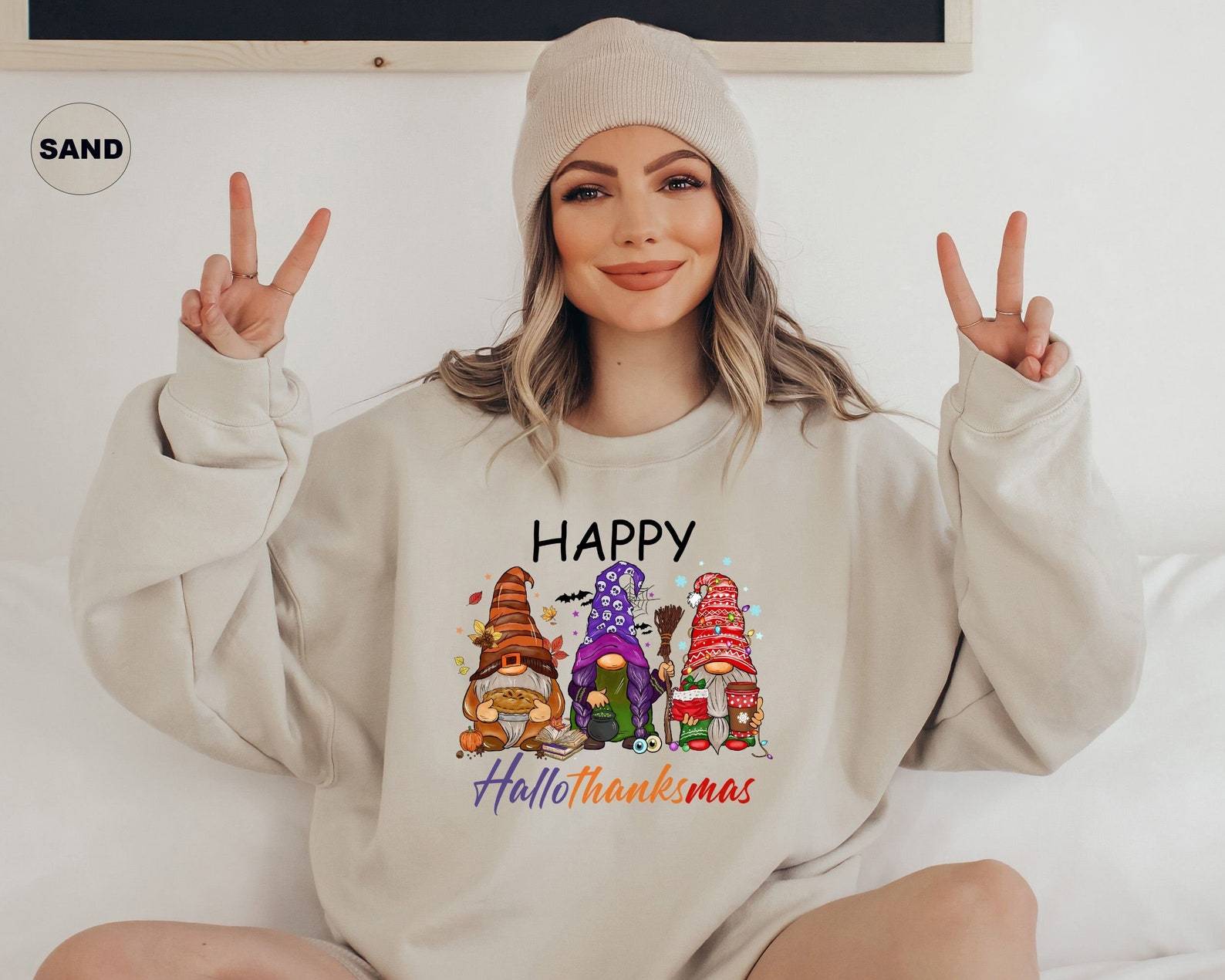 Happy Hallothanksmas Sweatshirt Halloween 2D Crewneck Sweatshirt All Over Print Sweatshirt For Women Sweatshirt For Men Sws3619