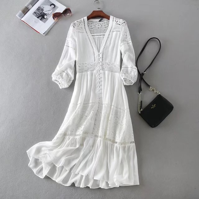 Vintage Chic White Dress Rayon Cotton Floral Lace Maxi Long Dress Mujer Vestidos Casual Women V Neck Vacation Vestidos Femme alx