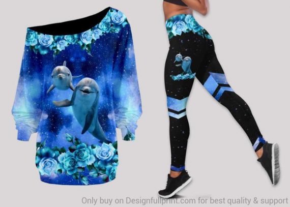 Dolphins And Blue Roses Off Shoulder Long Sleeves Top And Leggings Set Ln