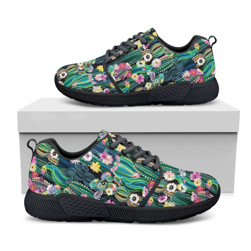 Watercolor Blooming Cactus Print Black Athletic Shoes