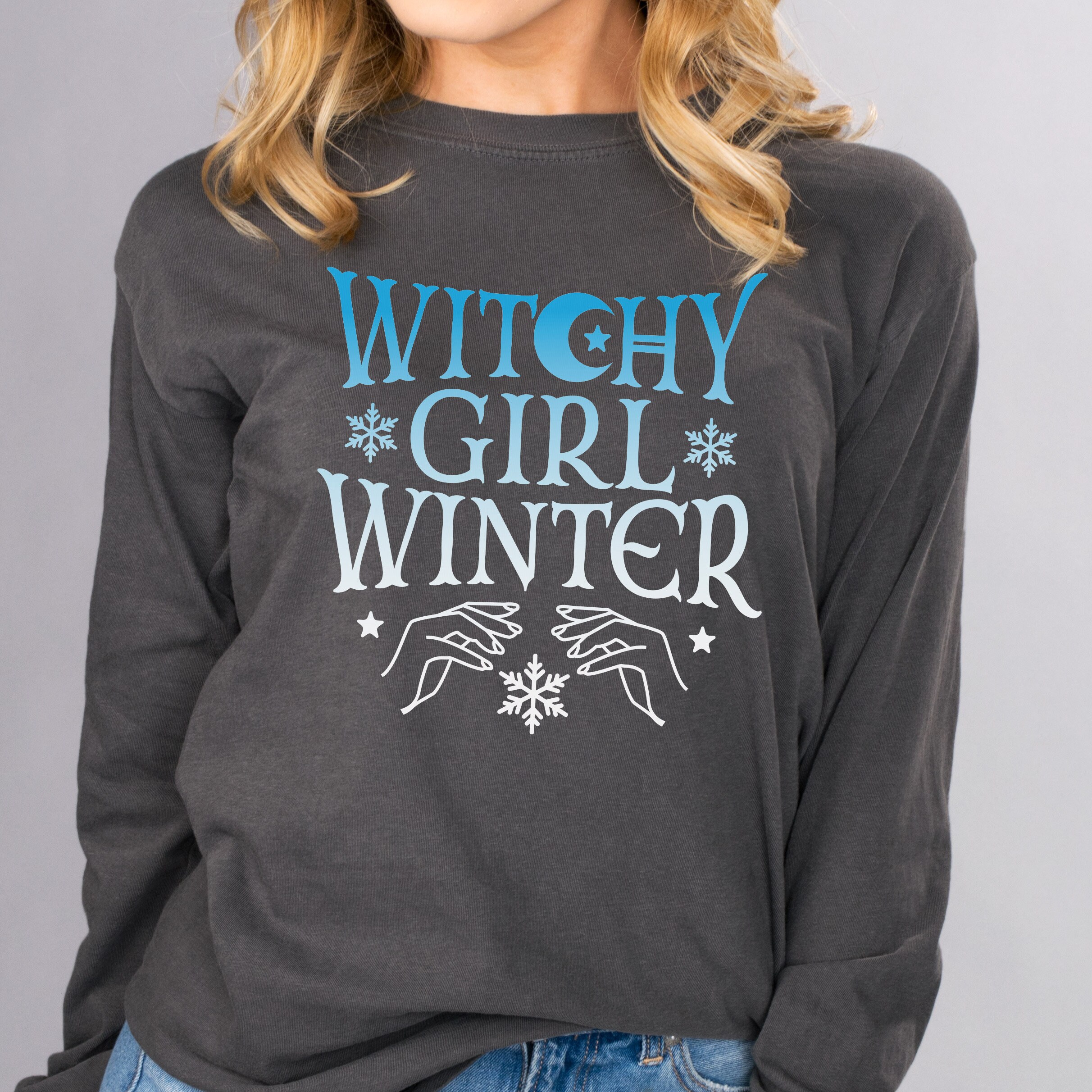 Witchy Girl Winter Long Sleeve Tee, Cute Winter Witchy Witch Long Sleeve Shirt, Cute Winter Graphic Apparel