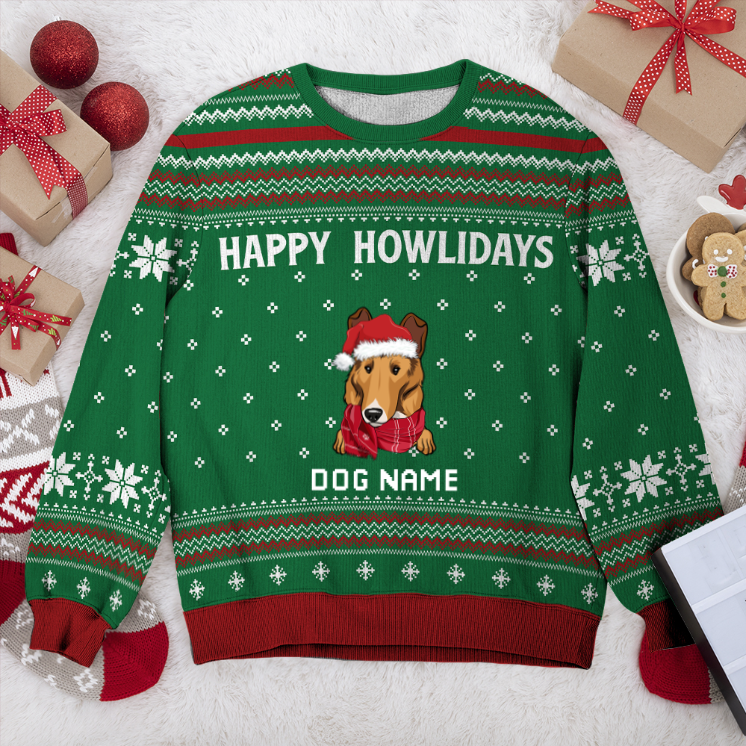 Smooth Collie Happy Howlidays Personalized Sweater, Dog Ugly Christmas Sweater