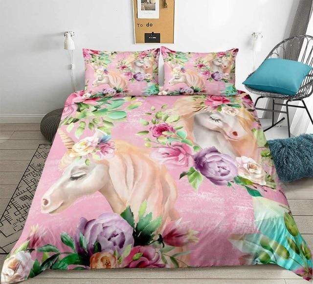 Watercolor Floral Unicorn 3 Pieces Quilted Comforter Set